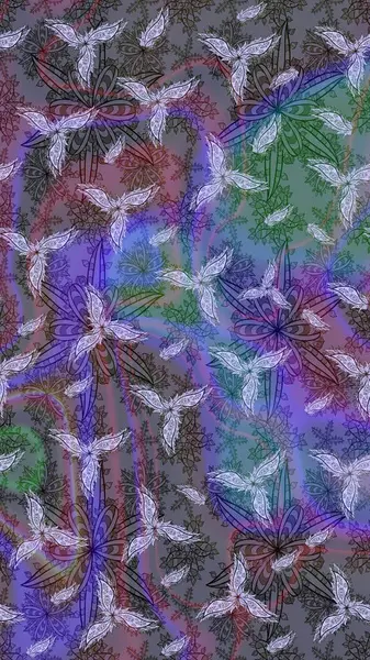 El çizimi. Raster illüstrasyonu. Çiçekli, yapraklı, çiçek desenli çizim..