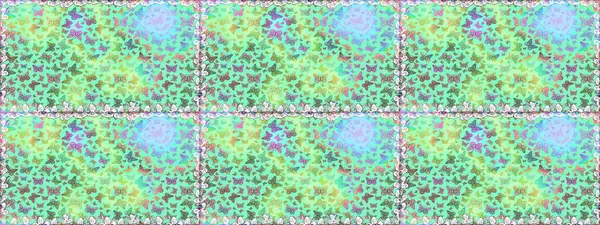 Tekstil, duvar kâğıtları, web sayfası arkaplanları ve yüzey dokuları için mükemmel. Mavi ve yeşil renkli şirin kelebek deseni. Raster illüstrasyonu. Tropikal temada kelebek çiçek deseni.