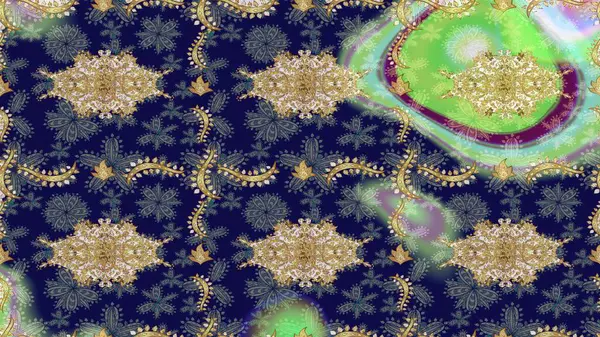 Süslü dekorasyon. Damask altın soyut çiçek deseni mavi renkte. Raster illüstrasyonu.