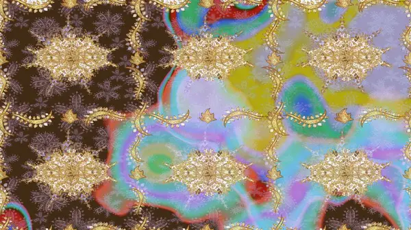 Süslü dekorasyon. Lüks, kraliyet ve Viktorya dönemi konsepti. Kahverengi renklerdeki altın desenli altın elementler. Raster klasik barok çiçek desenli altın rengi..