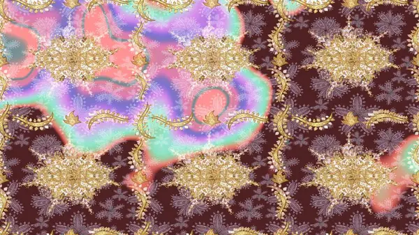 Raster oryantal süs. Kahverengi renkli ve altın elementli eskiz deseni. Altın deseni çiz.