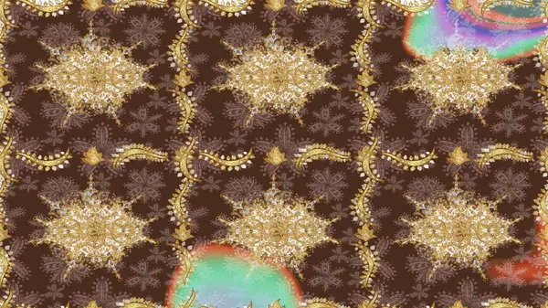 Raster illüstrasyonu. Kahverengi renkli ve altın elementli klasik eskiz deseni.