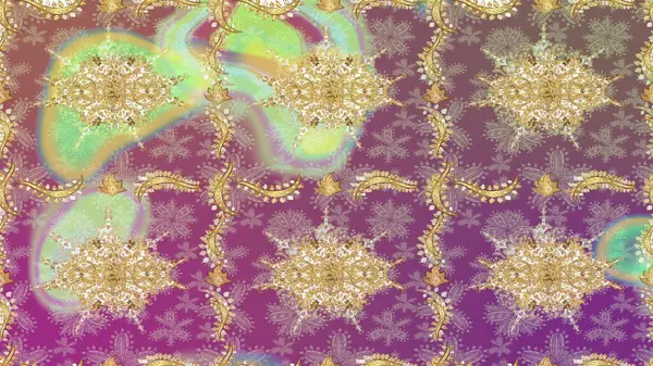 Tasarım için Damask çizim kalıbı. Tarafsız renklerde altın elementlerle Raster çizim deseni.