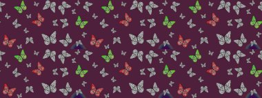 Tasarım için Raster Kelebekleri. Giysi tarzı için kahverengi arka planda dekorasyon. Fantezi renkli resimler koleksiyonu. Raster illüstrasyonu. Farklı renkte kelebeklerin çizimi..