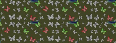 Raster illüstrasyonu. Kumaş, kağıt, ambalaj kâğıdı ve duvar kağıdı tasarımı için hoş bir arka plan. Yeşil arkaplanda kelebek deseni.