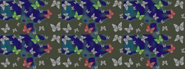 Raster illüstrasyonu. Tekrarlanan kelebekler. Çizim, karalama, karalama. Elle çizilmiş sevimli kız çizimi. Sonsuz.