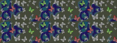 Raster illüstrasyonu. Renk çizimi kalıbı. Fantezi güzel illüstrasyon. Kitap sayfaları için çiçek ormanlarında uçan güzel kelebekler. Yeşil renkli resimler.