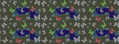 Sonsuz. Çizim, karalama, karalama. Yeşil üzerine güzel bir kelebek kumaşı çizimi. Bahar Kelebeği teması. Raster illüstrasyonu. Giysi kumaşı için böcek kumaşı parçası tekrarlanıyor.