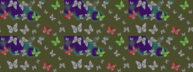 Kıyafetler, erkekler, kızlar ve duvar kağıtları için soyut çizim kalıbı. Raster illüstrasyonu. Böcekli eskiz kalıbı. Boyama kitabı için uçan farklı güzel kelebekler..