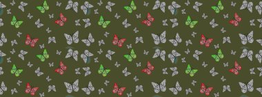 Yeşil renkli Raster Arkaplanı. Renkli Kelebeklerle Bahar Arkaplanı. Güzel Kelebek Siluetleriyle Moda Dekorasyonu. Kart, Davetiye, Yazdırma İçin Şirin Kadınsı Desen.