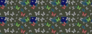 Kelebekli çizim şekli. Kumaş, kağıt, ambalaj kâğıdı ve duvar kağıdı tasarımı için hoş bir arka plan. Yeşil.