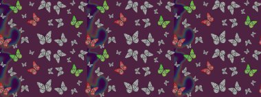 Raster illüstrasyonu. Kahverengi arka planda renkli kelebek koleksiyonu. Kağıt, kumaş ve ambalaj için uygun. Kart, baskı ve davetiye için basit kadınsı bir model. Çizim.