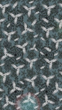 Raster deseni. Ağaç dallı bahar çiçekleri, çiçek siluetiyle nötr renkler.