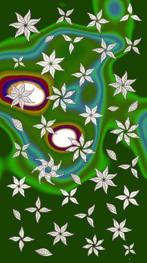 Raster illüstrasyonu. Yeşil renkli Asya tekstili. Suluboya çiçekli çiçek deseni.