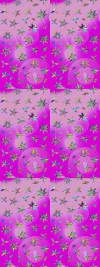 Çiçek ve yapraklı karalama şeklinde Raster çiçek deseni. Raster illüstrasyonu. Yumuşak, bahar çiçekleri morumsu renklerde..