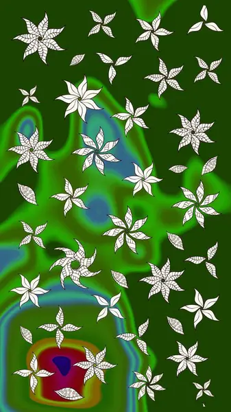 Üst manzara, yumuşak stil. Çiçek kompozisyonu, el boyası, hassas şablon. Sevgililer günü ve tebrik kartı konsepti için şık bir davetiye. Yeşil renkte manzaralı çiçek deseni.