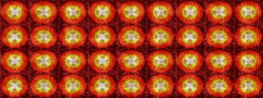 Raster illüstrasyonu. Renkli arka planda izole tatlı kar taneleri. Güzel kar tanesi. Soyut kış kırmızı, turuncu ve kahverengi süslemeleri. Yuvarlak raster kar tanesi.