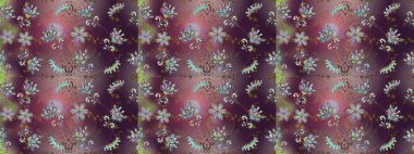 Çiçekli karalama şeklinde Raster çiçek deseni. Nazik, narin çiçek arkaplanı. Kahverengi, mor ve nötr renkte çiçekler.