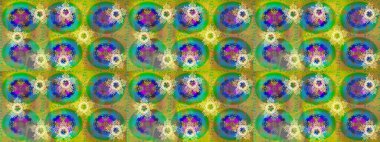 Kar tanelerinin soyut arkaplanlı Noel şablonu. Yeşil, sarı ve mavi kar taneleri. Raster illüstrasyonu. Noel ve Yeni Yıl moda baskıları için tatil tasarımı.