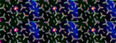 Kar tanelerinin soyut arkaplanlı Noel şablonu. Raster illüstrasyonu. Siyah, mavi ve yeşil renkler. Noel ve Yeni Yıl moda baskıları için tatil tasarımı.