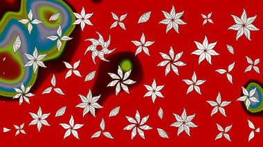 Renkli desenli eskiz deseni, kırmızı çiçekler ve dekoratif elementlerle. Eskiz geçmişi. Raster illüstrasyonu. Kumaş, tekstil, duvar kağıdı baskısı için. Antika retro tarzı.