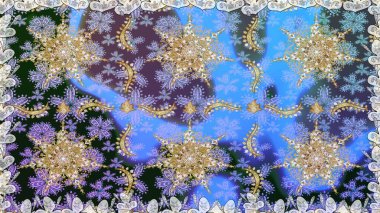 Raster illüstrasyonu. Altın elementli mavi renkler. Raster altın desen. Doğu tarzı arabesk. Kusursuz altın desenli bukleler..