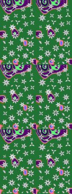 Çiçek desenli çizim. Raster illüstrasyonu. Asya tekstil tarzında. Yeşil renkli çiçekler. Renkli Bahar Teması eskiz kalıbı. Düz Çiçek Elementleri Tasarımı.