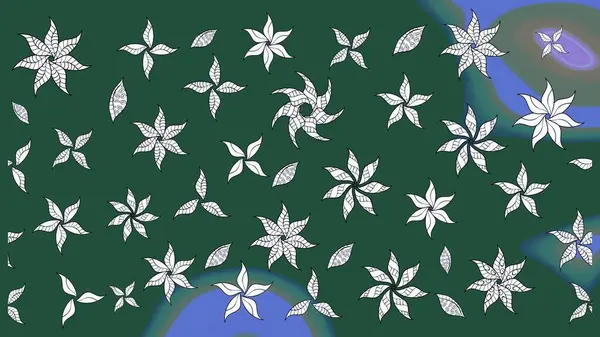 Raster illüstrasyonundaki çiçek desenli çizim. Yeşil renkli çiçekler. Renkli Yaz Temalı eskiz kalıbı. Düz Çiçek Elementleri Tasarımı.