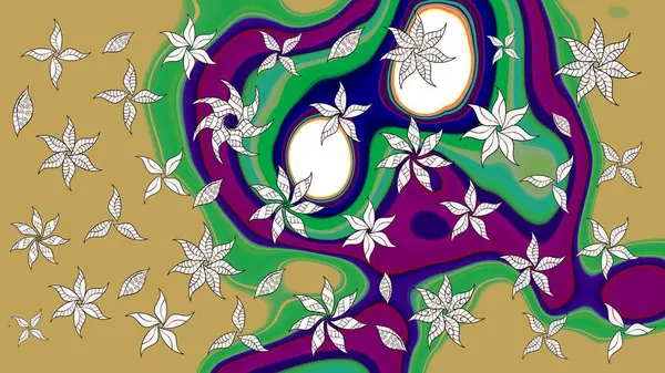 Çiçek desenli çizim. Raster illüstrasyonu. Asya tekstil tarzında. Sarı renkli çiçekler. Raster illüstrasyonu.