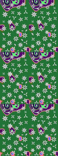 Çiçek desenli çizim. Raster illüstrasyonu. Asya tekstil tarzında. Yeşil renkli çiçekler. Renkli Bahar Teması eskiz kalıbı. Düz Çiçek Elementleri Tasarımı.