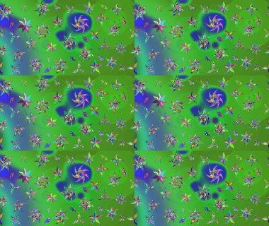 Çok yeşil zarif küçük çiçekler ve yeşil renkli komik böcekler, raster desen, illüstrasyon.