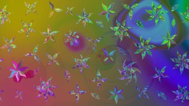 Suluboya elle çizilmiş çiçek desenli eskiz deseni. Parlak renkli fantezi çiçekleri, yapraklar, yeşil renkli tomurcuklar.