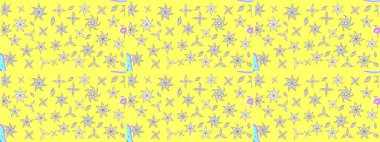 Sarı renkli şirin çiçek desenleri. Raster Modaya uygun kumaş deseni. Renkli Bahar Teması eskiz kalıbı. Düz Çiçek Elementleri Tasarımı.