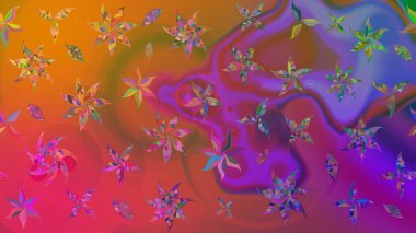 Parlak renkli çiçekleri ve mor renkli yaprakları olan harika bir çiçek deseni. Moda baskıları için zarif bir şablon. Halk tarzı. Modern çiçek arkaplanı.