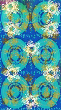 Yumuşak, bahar çiçekleri mavi, yeşil ve nötr renklerde. Raster illüstrasyonu. Raster deseni. Patlayan çiçekler soyut yerleştirilmiş.