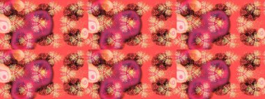 Kar taneleri tasarımı. Retro stil dokusu, şablon kış elementleri. Modern tasarım posteri, kapak, pembe, turuncu ve kırmızı renkli kart tasarımı. Moda olmuş kar taneleri ve elementler Memphis kartları.