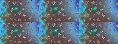 Hediye ambalaj kağıdı, tebrik kartları, posterler ve pankart tasarımı. Mavi renkli çiçekler. Raster düz çiçek çizim deseni.