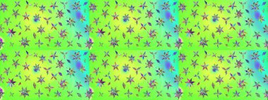 Raster - stok. Yapraklı çiçekler ve yeşil renkli papatya çiçekleri. Taslak arkaplan deseni.