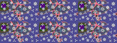 Tropik çiçekler. Gömlek, arka plan modelini çiz. Mor renkte çiçekler.