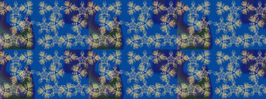 Raster illüstrasyonu. Noel ve yeni yıl moda baskıları için tatil tasarımı. Mavi ve nötr renkler. Kar tanelerinin soyut arkaplanlı Noel deseni.