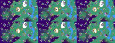 Mavi renkli bitkilerden oluşan parlak çiçekli çizim deseni.