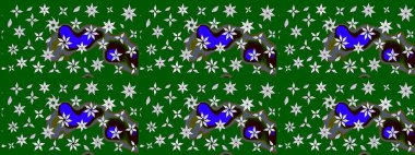 Şirin çiçekli eskiz deseni ve yeşil renkli yapraklar, suluboya çiçek deseni, duvar kağıdı, kart veya kumaş için fayanslı. Raster illüstrasyonu.