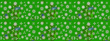 Çok yeşil zarif küçük çiçekler ve yeşil renkli komik böcekler, raster desen, illüstrasyon.