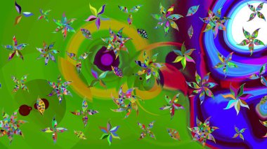 Yeşil renkli bitkilerden oluşan parlak çiçekli çizim deseni.