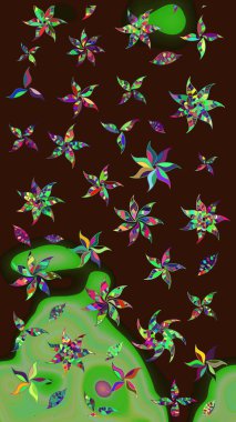 Moda baskıları için zarif bir şablon. Parlak renkli çiçekleri ve kahverengi renkli yaprakları olan harika bir çiçek deseni. Modern çiçek arkaplanı. Halk stili.