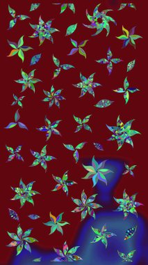 Çocuksu tasarım. Kırmızı arka planda. Elle çizilmiş çiçek desenli Raster çizimi. Tekstil, kumaş, ambalaj, hatıra defteri için güzel çiçek arkaplanı..