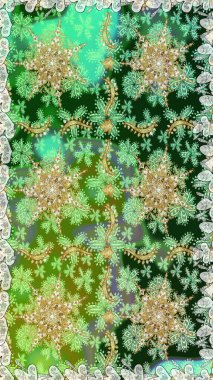 Klasik raster sarısı, kusursuz desen. Çiçek süsü kumaş deseni, cam, çiçek desenli metal altın elementli yeşil renkte.
