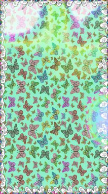 Raster illüstrasyonu. Kızlar, erkekler, elbiseler, duvar kağıtları için soyut, pürüzsüz desenler. Farklı yönlere uçan renkli kelebek koleksiyonu..