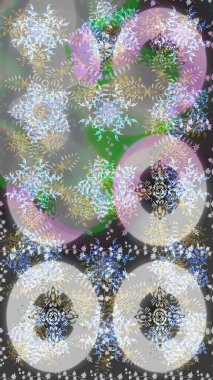 Raster illüstrasyonu. Yılbaşı kış tasarımı için renkli kar taneleri. Kar tanesi karalaması grafikleri elle çizilmiş.