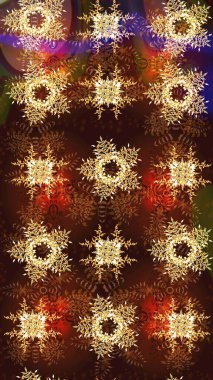 Noel ve yeni yıl moda baskıları için tatil tasarımı. Kar tanelerinin soyut arkaplanlı Noel şablonu. Raster illüstrasyonu. Kahverengi, kırmızı ve sarı kar taneleri.